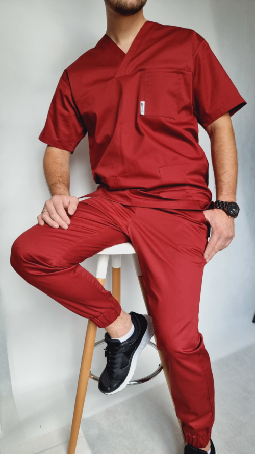 Bluza medyczna męska v-neck kolor bordo BAWEŁNA PREMIUM EFIMED