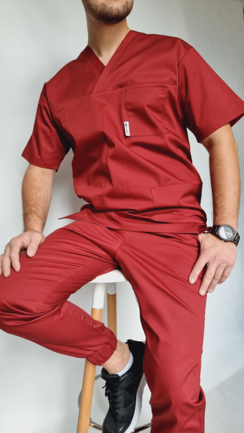 Bluza medyczna męska v-neck kolor bordo BAWEŁNA PREMIUM EFIMED