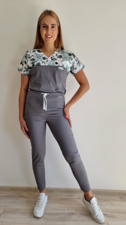 Komplet medyczny damski SCRUBS Bluza SZARE RÓŻE + cygaretki SLIM kolor grafit EFIMED