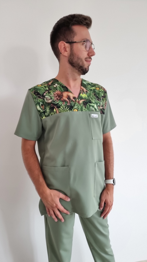 Bluza męska v-neck wstawka dinozaury kolor DARK FOREST WISKOZA EXTRA PREMIUM