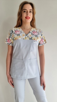 Bluza medyczna damska wstawka szare kwiaty kolor Gołąbkowy SNC EFIMED