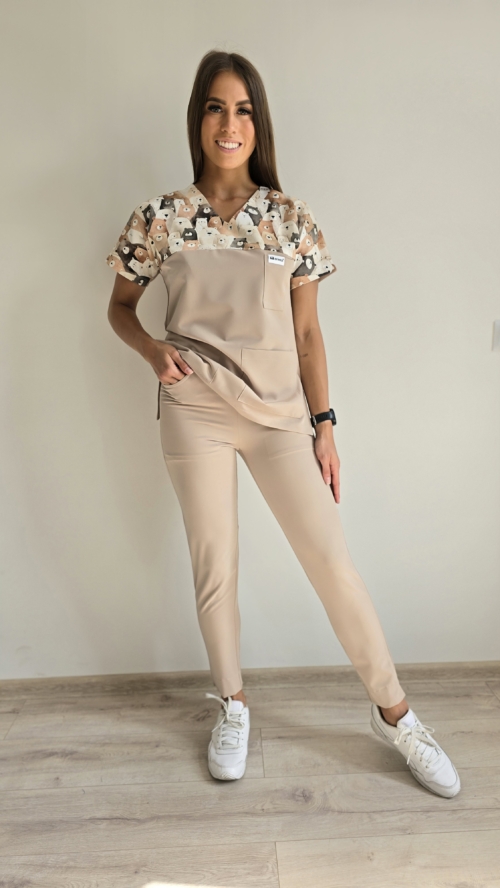 Bluza medyczna damska wstawka Misie brązowe kolor NUDE BASIC EFIMED