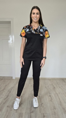 Komplet medyczny damski SCRUBS Bluza yellow flowers + cygaretki z kieszeniami kolor czarne SNC EFIMED